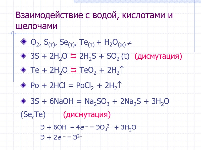 Взаимодействие с водой, кислотами и щелочами  O2, S(т), Se(т), Te(т) + H2O(ж) 